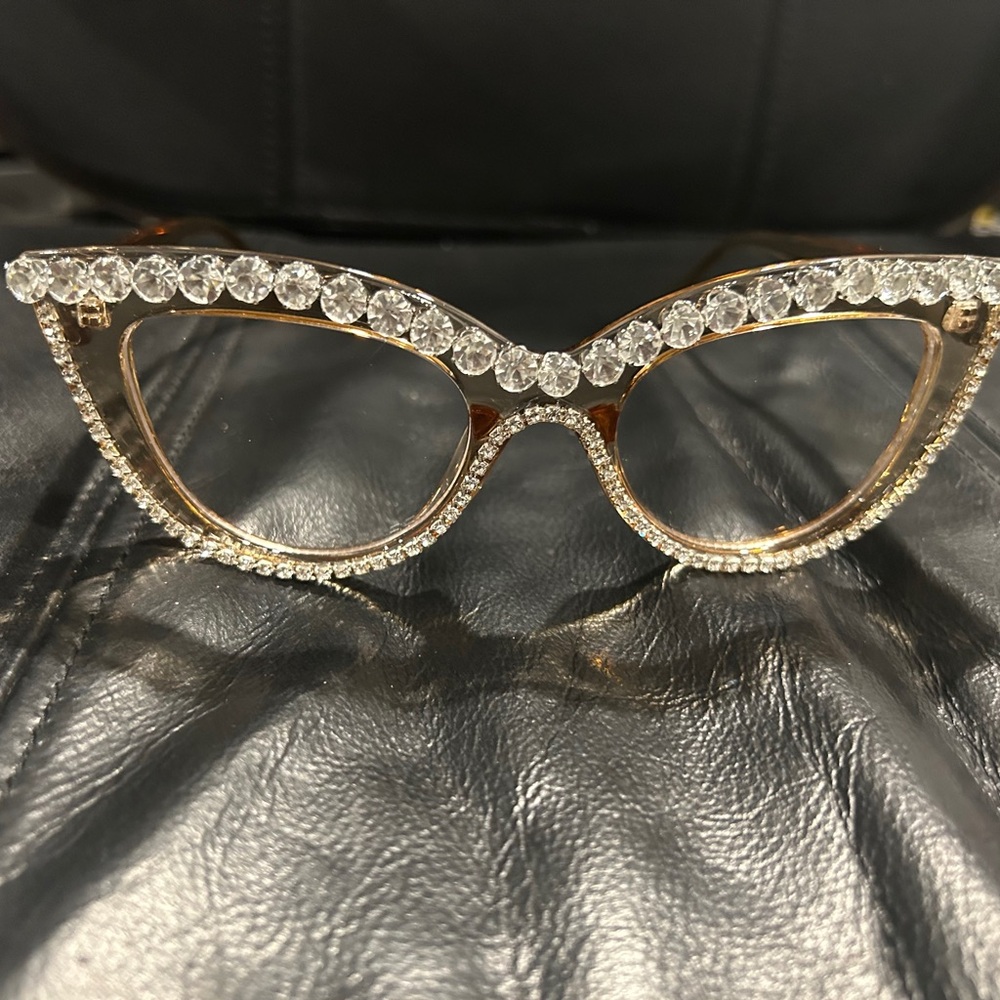 Elegant Gold Rhinestone Cat-Eye Glasses Clear Lens Ready to Wear. NWOT
